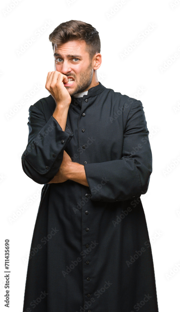 Young catholic christian priest man over isolated background looking stressed and nervous with hands on mouth biting nails. Anxiety problem. Young catholic christian priest man over isolated background looking stressed and nervous with hands on mouth biting nails. Anxiety problem.