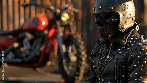 Road Warrior A rugged and biker with a leather jacket covered in metal studs, a menacing skull motorcycle helmet, and a fierce red chopper bike in the background. photo