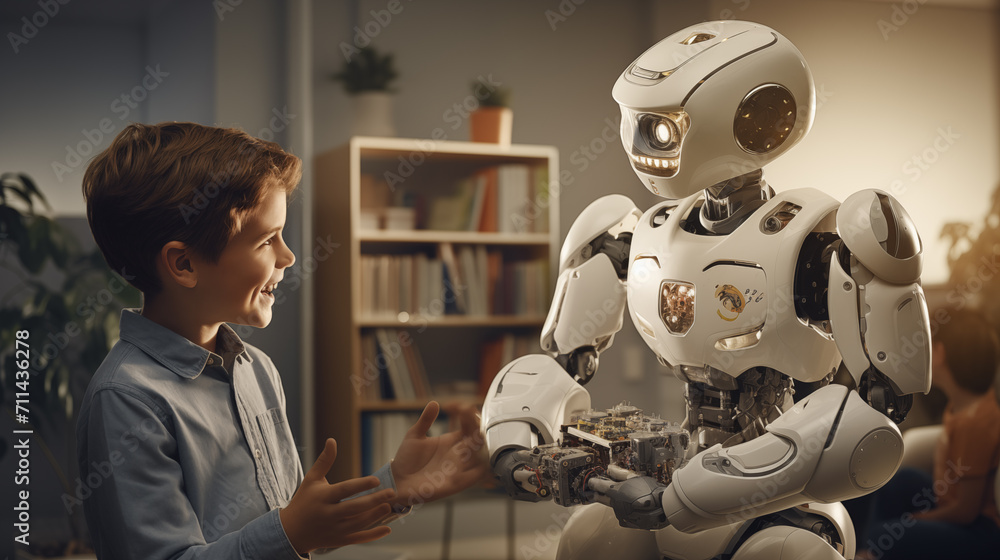 A young boy with a joyous expression communicates with a white educational robot