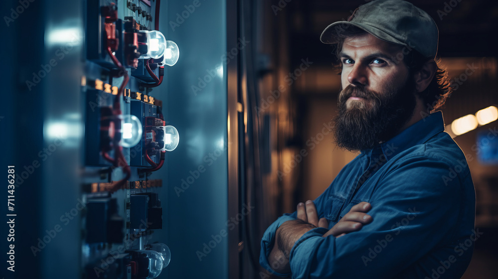 Portrait of an electrician. Bearded person is indoors