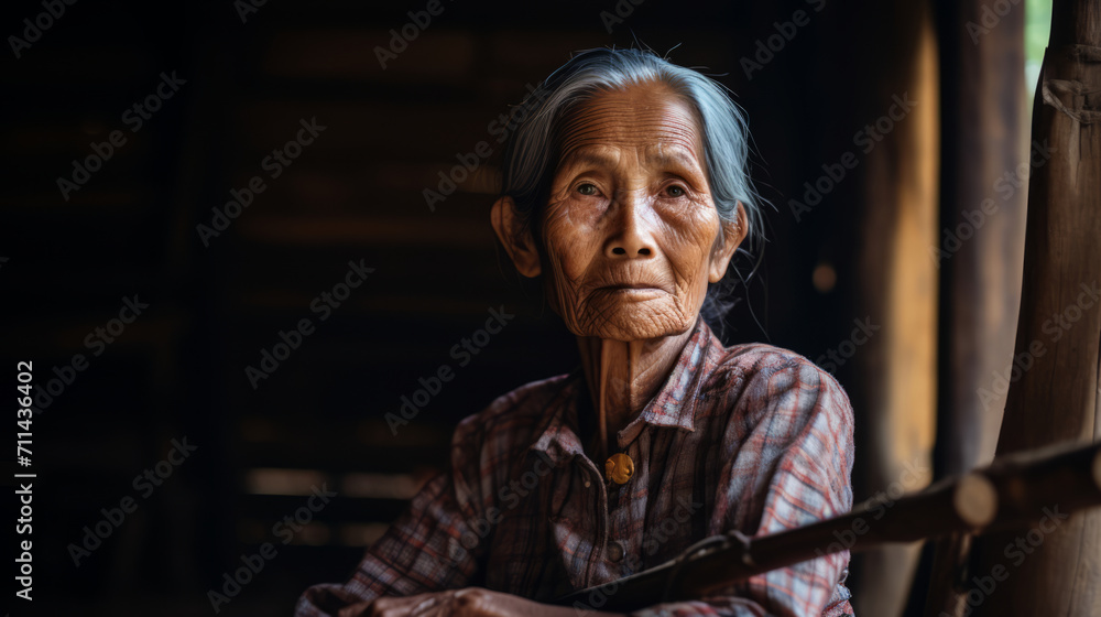 Portrait of an old village woman indoors. Asian Indian ethnicity