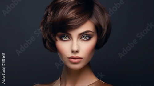 Portrait of fashion model brunette with short hair against background