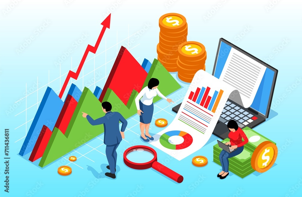 Business analytics illustration in isometric view Business analytics illustration in isometric view