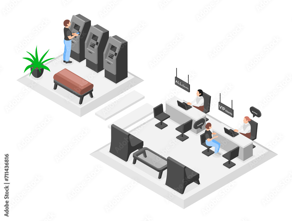 Bank services composition in isometric view Bank services composition in isometric view