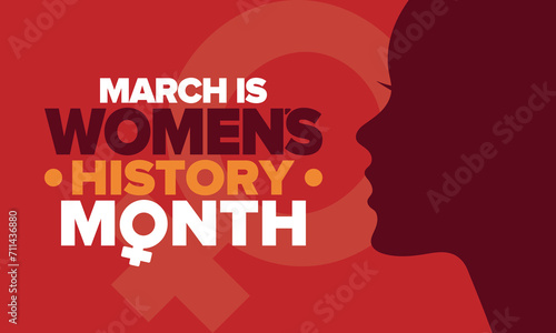 Women's History Month. Celebrated annual in March, to mark women’s contribution to history. Female symbol. Women's rights. Girl power in world. Poster, postcard, banner. Vector illustration