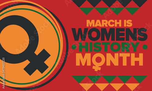 Women's History Month. Celebrated annual in March, to mark women’s contribution to history. Female symbol. Women's rights. Girl power in world. Poster, postcard, banner. Vector illustration