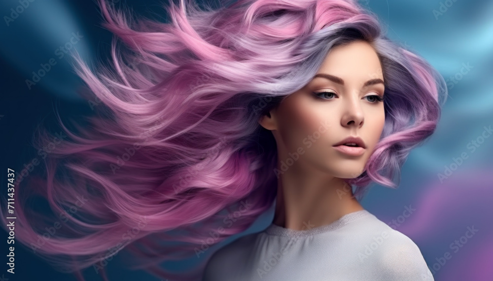 Surreal portrait of a woman with flowing pink and purple hair. Surreal portrait of a woman with flowing pink and purple hair.