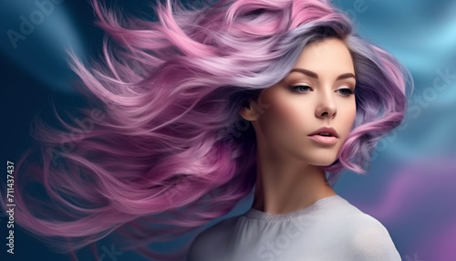 Surreal portrait of a woman with flowing pink and purple hair.
