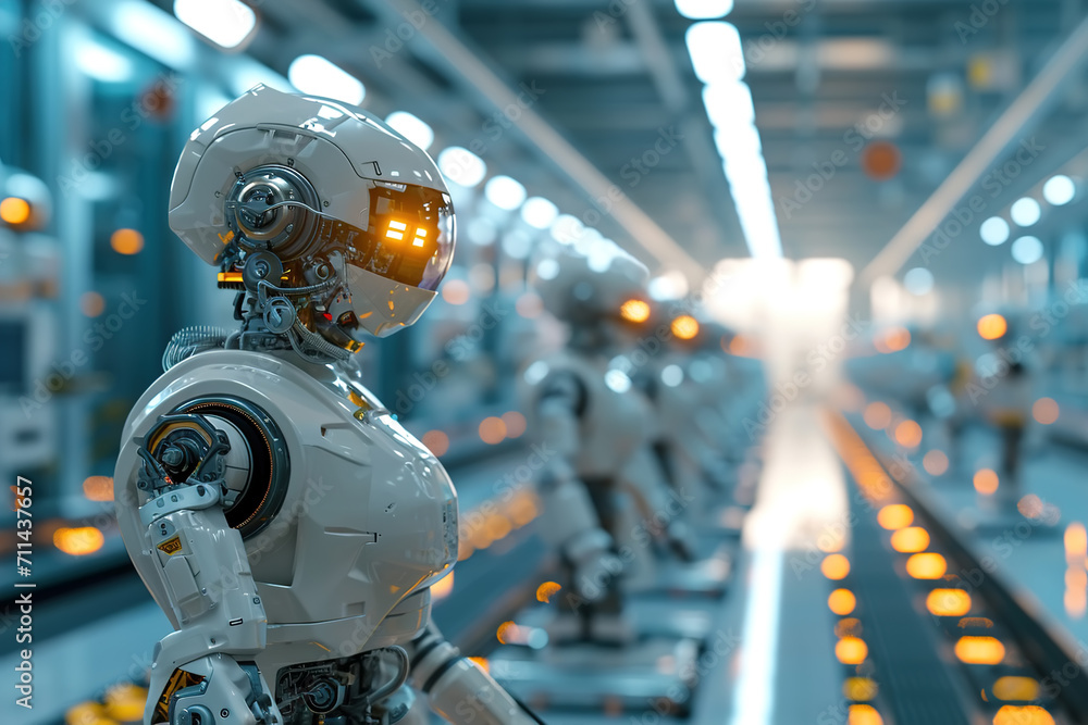 Row of robots working in a factory, replacing manual human labor with automated future concept Row of robots working in a factory, replacing manual human labor with automated future concept