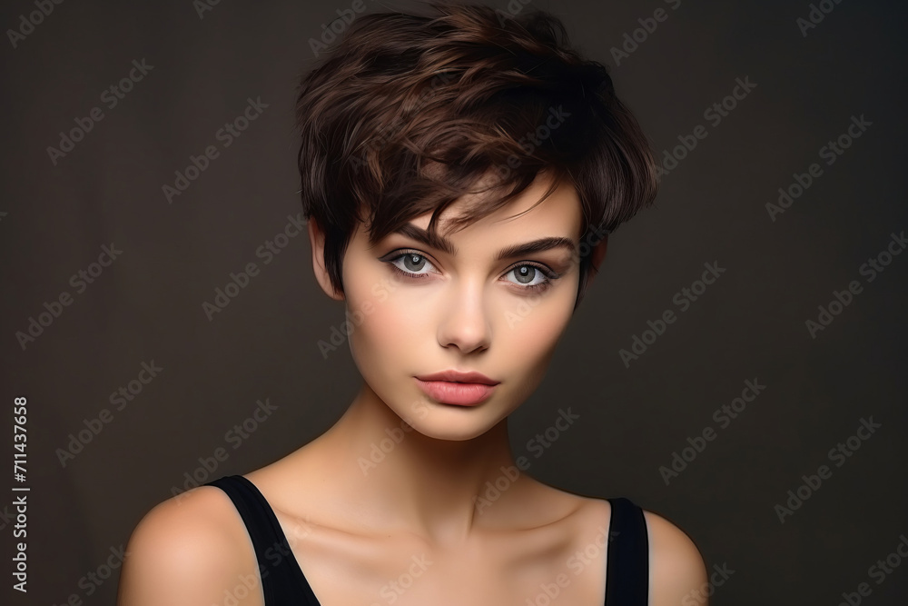 Portrait of young beautiful woman with short hair against background in the studio Portrait of young beautiful woman with short hair against background in the studio