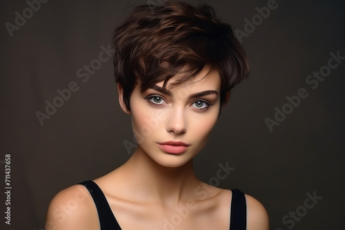 Portrait of young beautiful woman with short hair against background in the studio