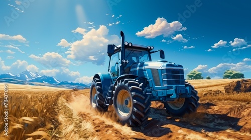 Blue big tractor parked on the field in the sunny day with and blue sky. photo