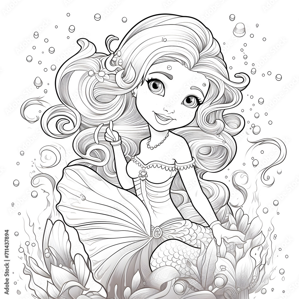 Mermaid Coloring Page, Ai Generative Mermaid Coloring Page, Ai Generative