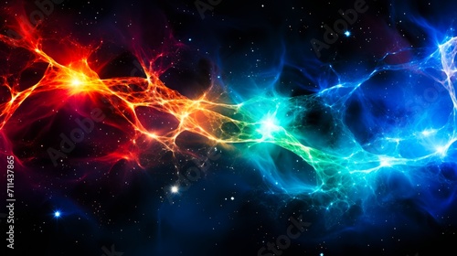 The nebula is shaped like neural connections made up of many different colors including red, green, blue . The dark void creates a sense of depth and contrast, making the nebula stand out.