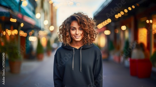 Beautiful woman wearing a black blank hooded sweatshirt long sleeve, on the street.