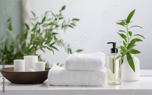 realistic photo of cosmetics and towels, with green plants on white table in ceramic bathroom background. generative ai