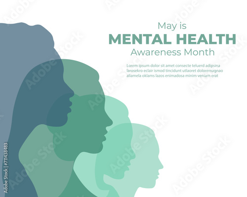 Mental health banner.Flat vector illustration with silhouettes of women and space for text.