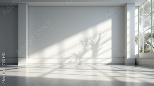 Modern empty room with window and large white plain wall with shadows.