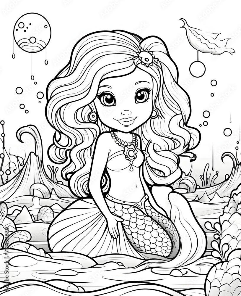 Mermaid Coloring Page, Ai Generative Mermaid Coloring Page, Ai Generative