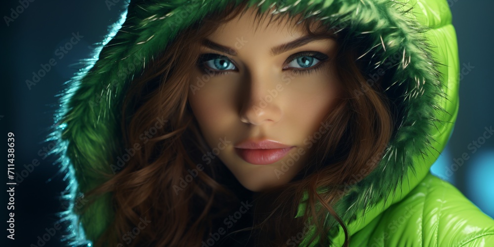 portrait of a beautiful woman with a green winter jacket portrait of a beautiful woman with a green winter jacket