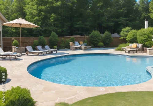 Modern patio next to swimming pool 