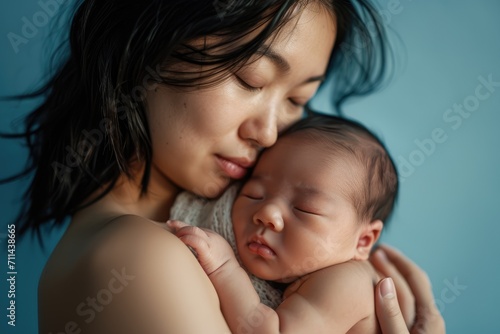 Cocoon of Love: In the Postpartum Phase, a Chinese Mother Holds Her Newborn in Her Lap, Embracing the Gentle Connection, Nurturing Affection, and Endless Love. Pastel blue background. Copy space.