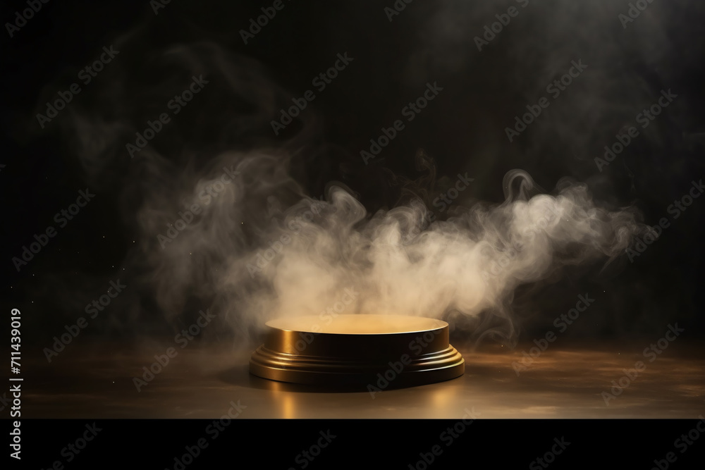 Golden Podium on Dark Background with Smoke