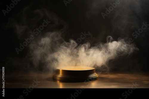 Golden Podium on Dark Background with Smoke