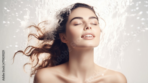 Pretty young woman and splash of water. Taking shower. White background