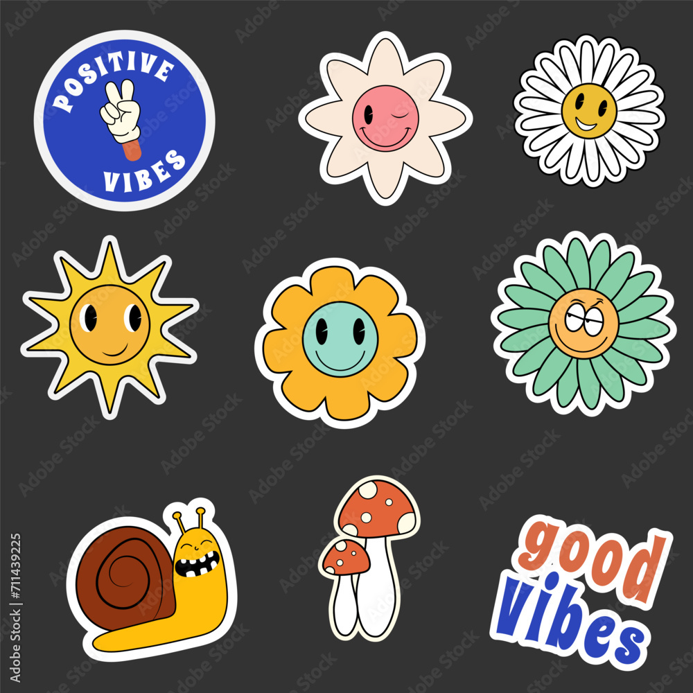 Groovy set stickers. Groovy hippie 70s set.  Funny cartoon flower, heart, daisy, mushroom etc. Sticker pack in trendy retro, vector