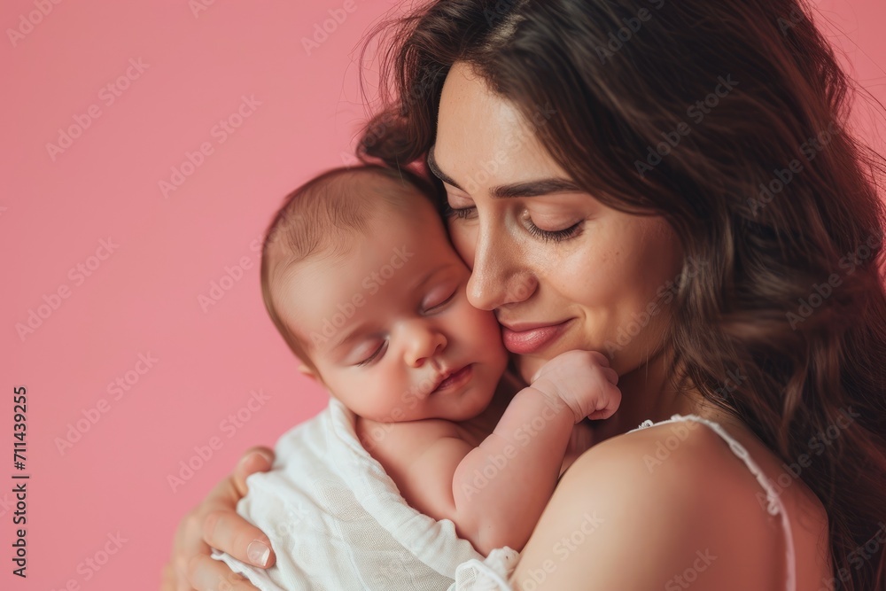 Cocoon of Love: In the Postpartum Phase, a Mother Holds Her Newborn in Her Lap, Embracing the Gentle Connection, Nurturing Affection, and Endless Love. Pastel pink background. Copy space. Cocoon of Love: In the Postpartum Phase, a Mother Holds Her Newborn in Her Lap, Embracing the Gentle Connection, Nurturing Affection, and Endless Love. Pastel pink background. Copy space.