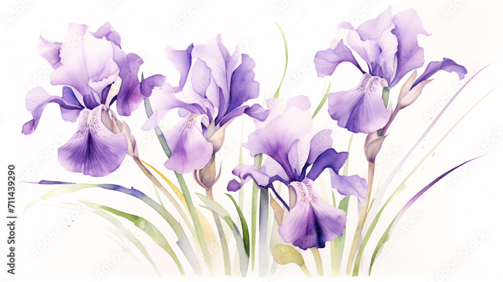 Purple iris flowers on a white background. Watercolor illustration.
