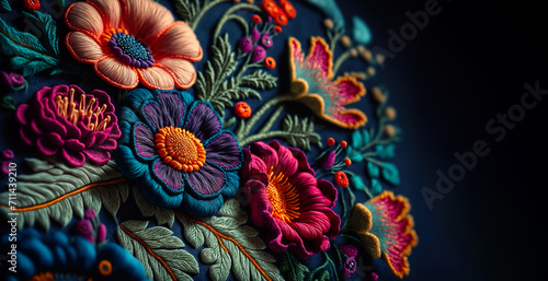 Embroidery floral abstract fantasy design luxury fabric art background latin art. photo