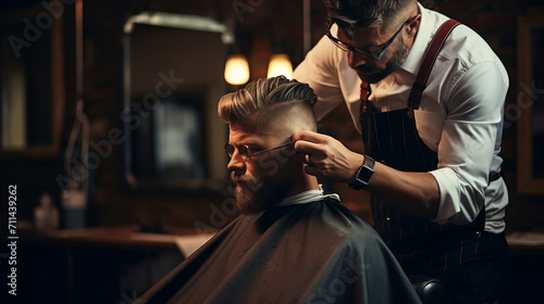 Professional barber is styling hair of his client photo