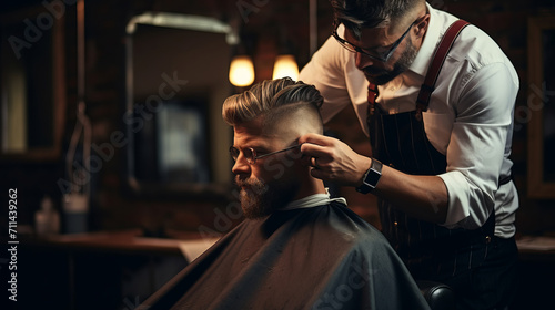 Professional barber is styling hair of his client