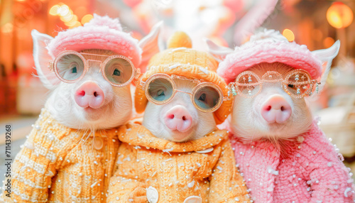 festival scene with pigs in party costumes, March, Animals concept, generative ai