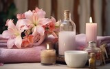realistic photo Body massage brush, flowers, bottles with cosmetic products and towels on the table in the bathroom. generative ai