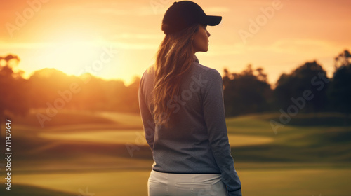 Rear view of professional female golfer holding club. Standing on the field  beautiful sunlight
