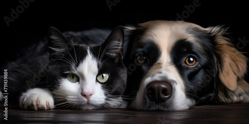 Dog cat fluffy ears  together black white colored background sweet friendship  © Ishia