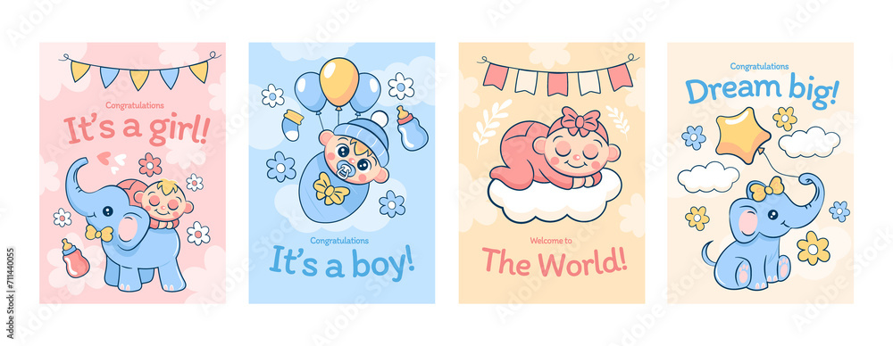 Cartoon baby shower card collection with cute babies and elephants