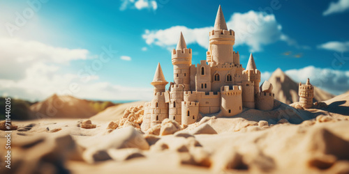 Grand intricate sandcastle on the beach during a summer day. Generative AI photo