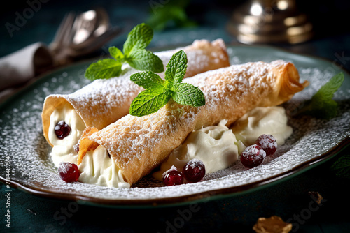 Creamy and crispy cannoli, delicious Sicilian pastry with snow sugar and cherries, garnished with green mint leaves. Homemade food. photo