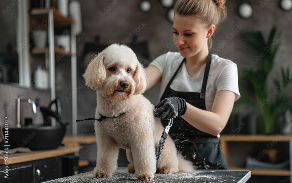 A young female professional groomer trimming a cute dog. Pet spa grooming salon A young female professional groomer trimming a cute dog. Pet spa grooming salon