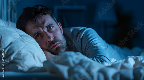 Insomnia of a stressed depressed man lying sleepless in bed. Sleep disorder