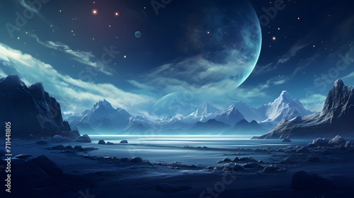 fantasy background of mountains with big moon in the sky © Helfin