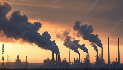 Industrial emissions from smoke stacks silhouetted against the setting sun.