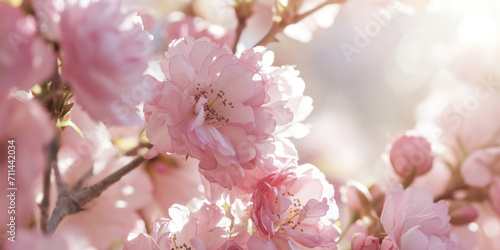 Delicate Blossoming Beauty: A Majestic Pink Cherry Blossom Tree in Full Bloom, Radiating Fragile Emotions against a Fresh White Background.