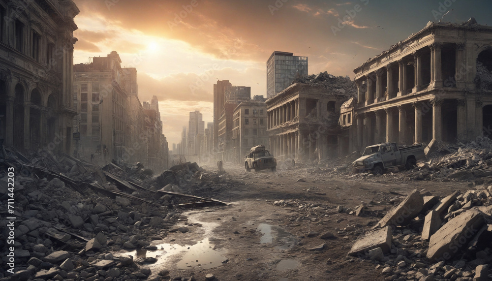 Apocalyptic landscape with rubble and ruins, post apocalypse city at sunset - obrazy, fototapety, plakaty 