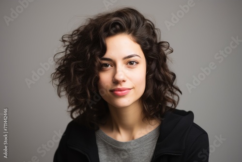 Portrait of a beautiful young woman with curly hair, over grey background