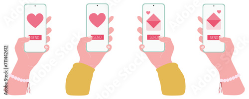 Hand hold Smartphone Vector Set. Send or receive Love sms, Letter, email with Mobile phone. Valentines day Flat illustration on white. Love chatting collection for Poster, Banner, Card, Promotion.